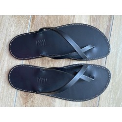 Tong Cuir Noir La Lou Made in France