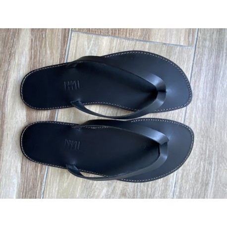 Tong Cuir Noir Couture Tropézienne